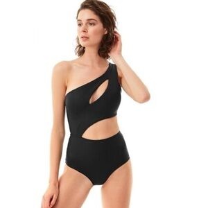 Moeva Hazel One Shoulder 1 Piece Swimsuit black faux leather bathing suit XS NWT